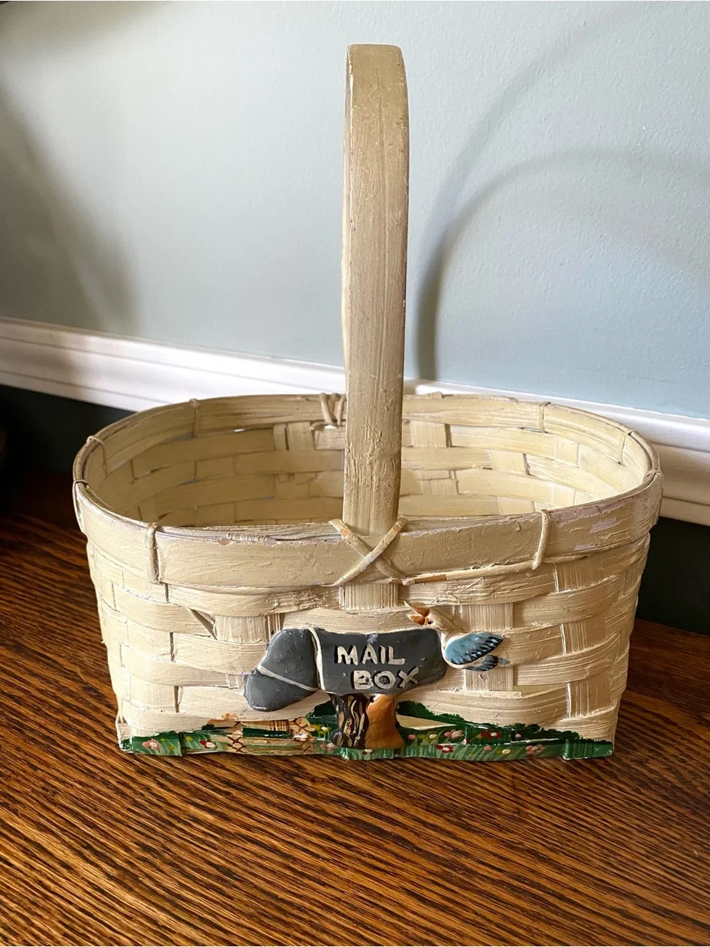 Vintage Wicker Mail Basket Raised Paint Design Mail Box Seagull Cottage Coastal